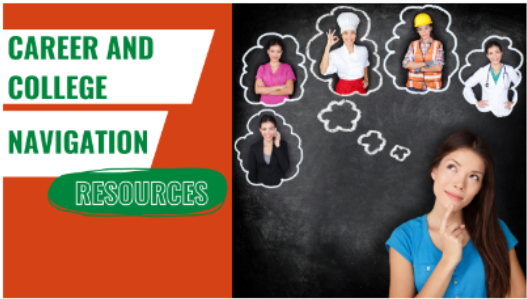 Career and College Navigation Resources. Young girl with thought bubbles over her head showing her in different jobs and careers.